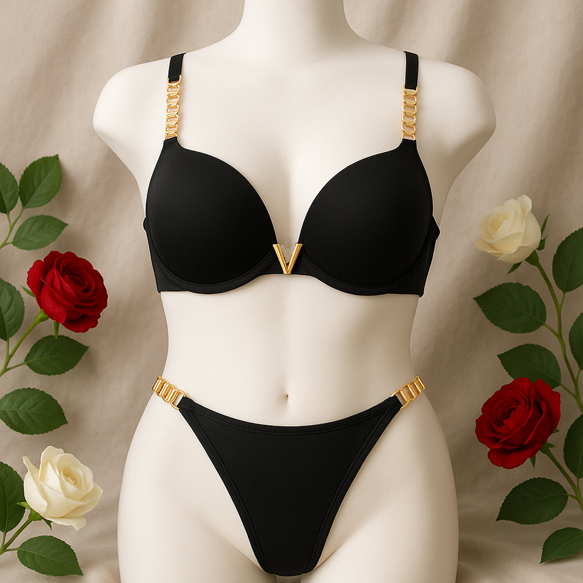 Flourish High Quality New Style Chain Straps Front Metal V buckel Bra & Panty Set 195