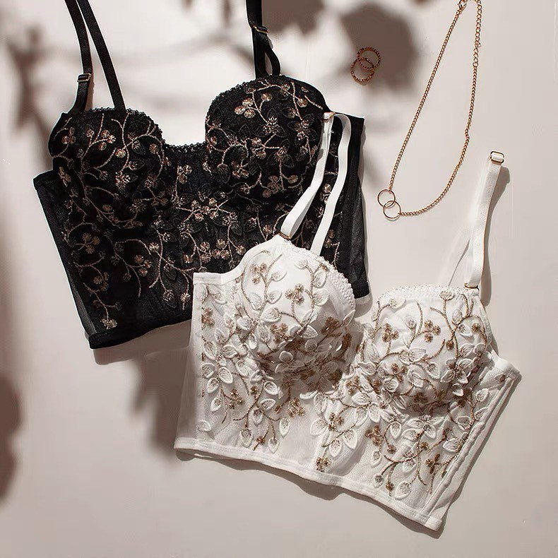 Flourish Lux Embroidered Black Mesh Bralette & Panty Set – Gold Floral Detailing | Elegant Lingerie for Women