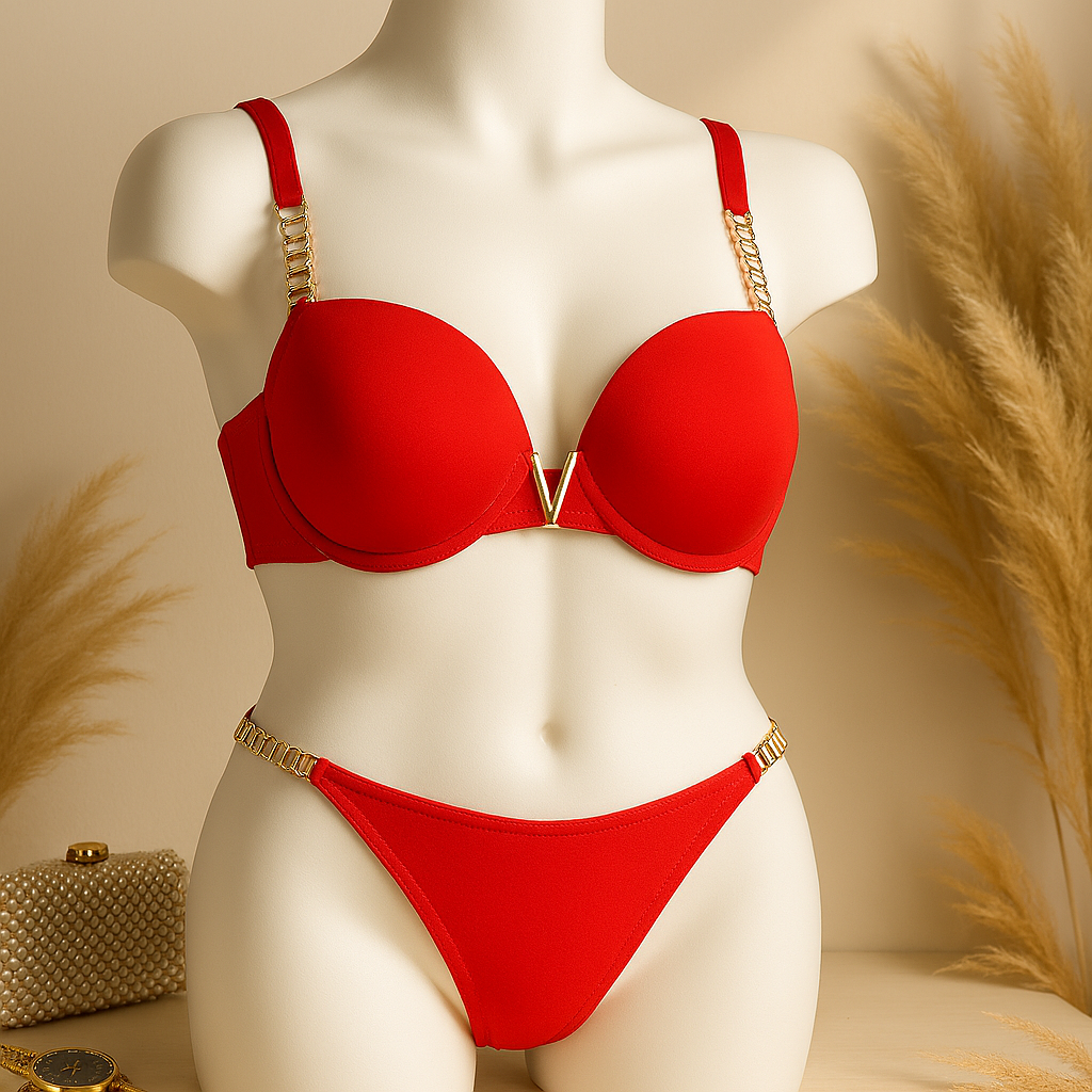 Flourish High Quality New Style Chain Straps Front Metal V buckel Bra & Panty Set 195