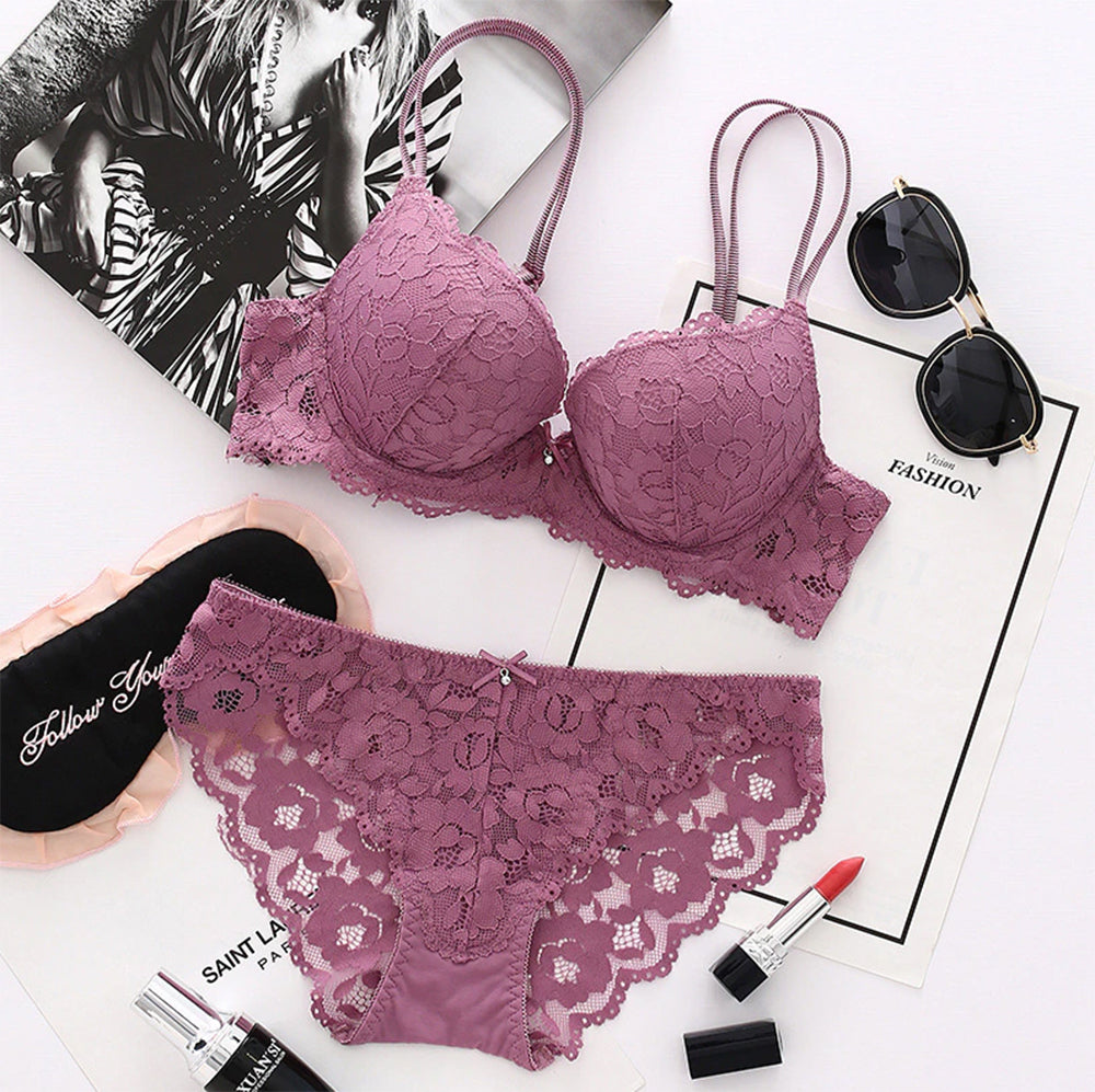 Flourish Cute Lace Embroidered Back Closure Double Push Up Bridal Bra & Panty Set 8855