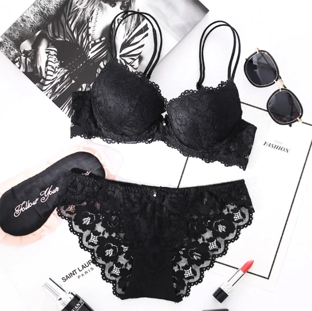 Flourish Cute Lace Embroidered Back Closure Double Push Up Bridal Bra & Panty Set 8855