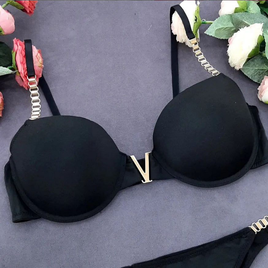 Flourish High Quality New Style Chain Straps Front Metal V buckel Bra & Panty Set 195