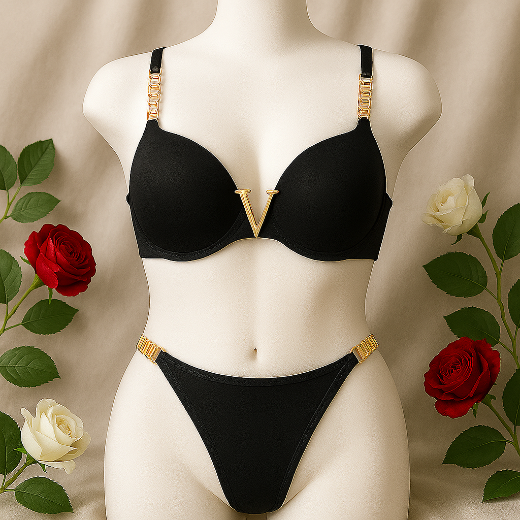 Flourish High Quality New Style Chain Straps Front Metal V buckel Bra & Panty Set 195
