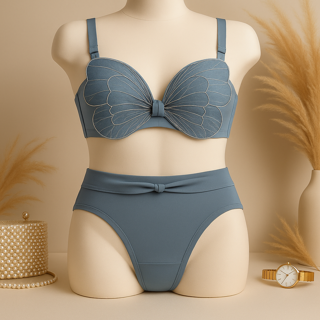 High Quality Cute Butterfly Embroidered Adjustable Straps Full Back Support Bra & Panty Set 8806
