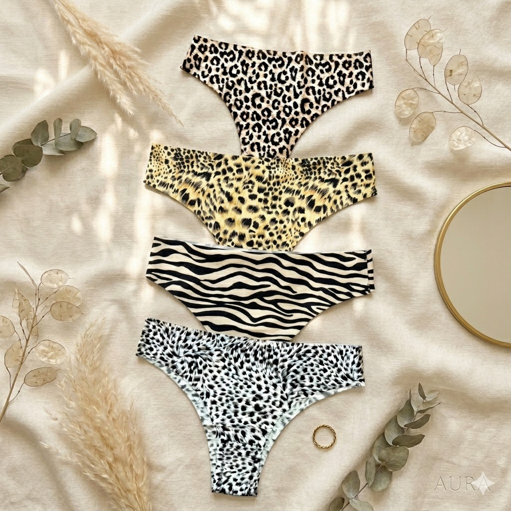 Pack Of 4 Aura Signature Animal Print Seamless Thong Set DF7367