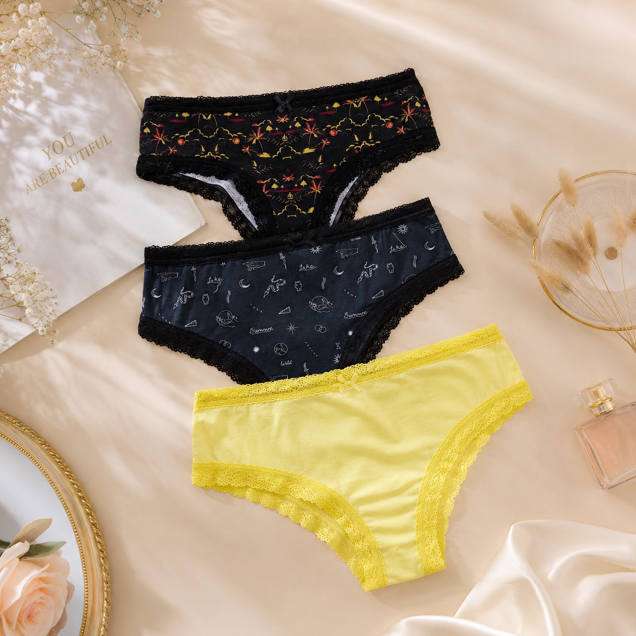 Pack of 3 Women’s Lace Trim Cotton Panty – Stylish Printed & Solid Briefs