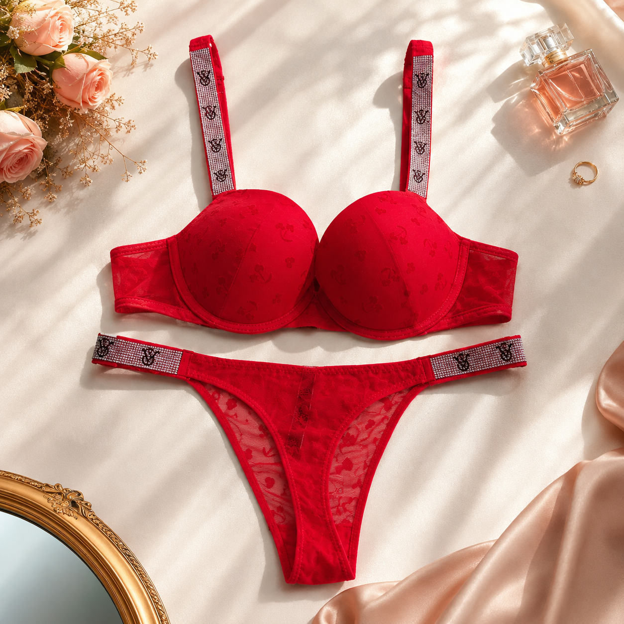 Red Lace Padded Bra & Thong Lingerie Set with Designer Straps