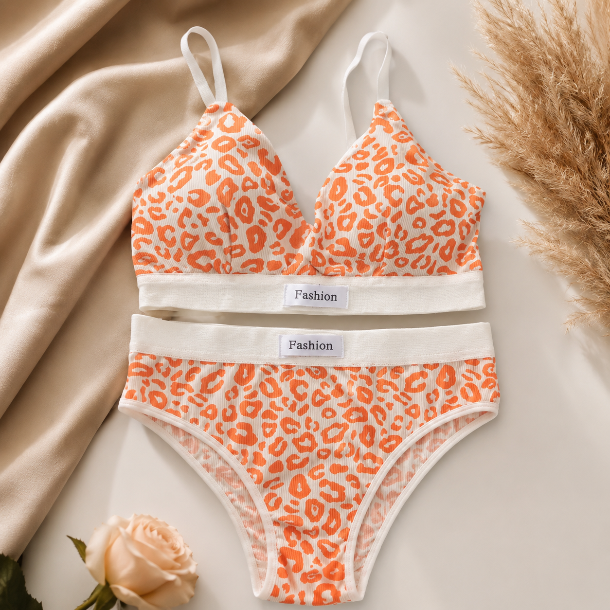 Orange Leopard Print Bra & Panty Set – Stylish Printed Lingerie Set