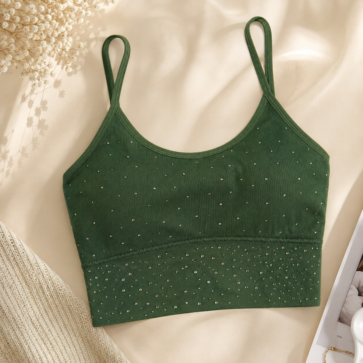 Elegant Olive Green Rhinestone Crop Top