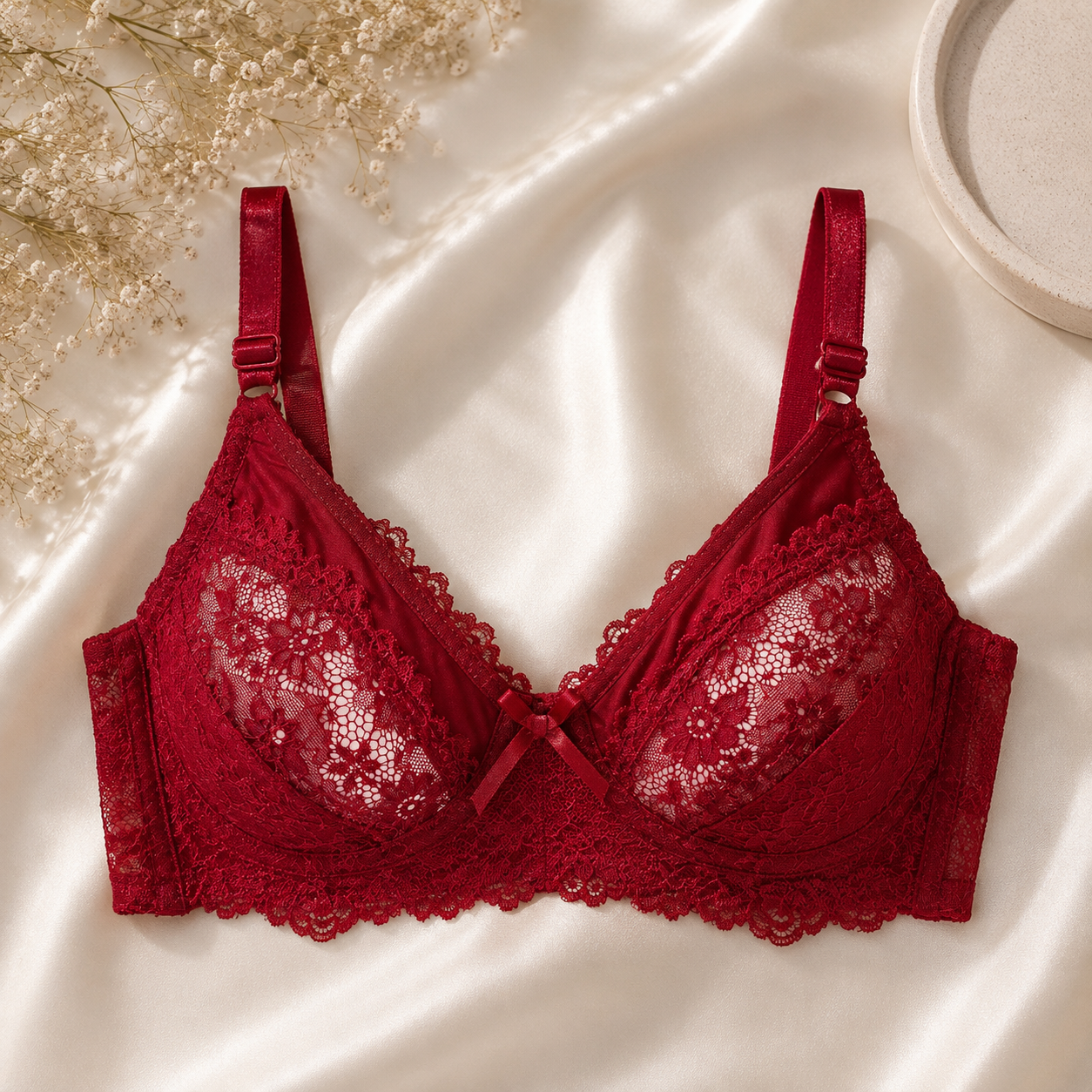 Red Floral Lace Bra – Elegant Non-Padded Design