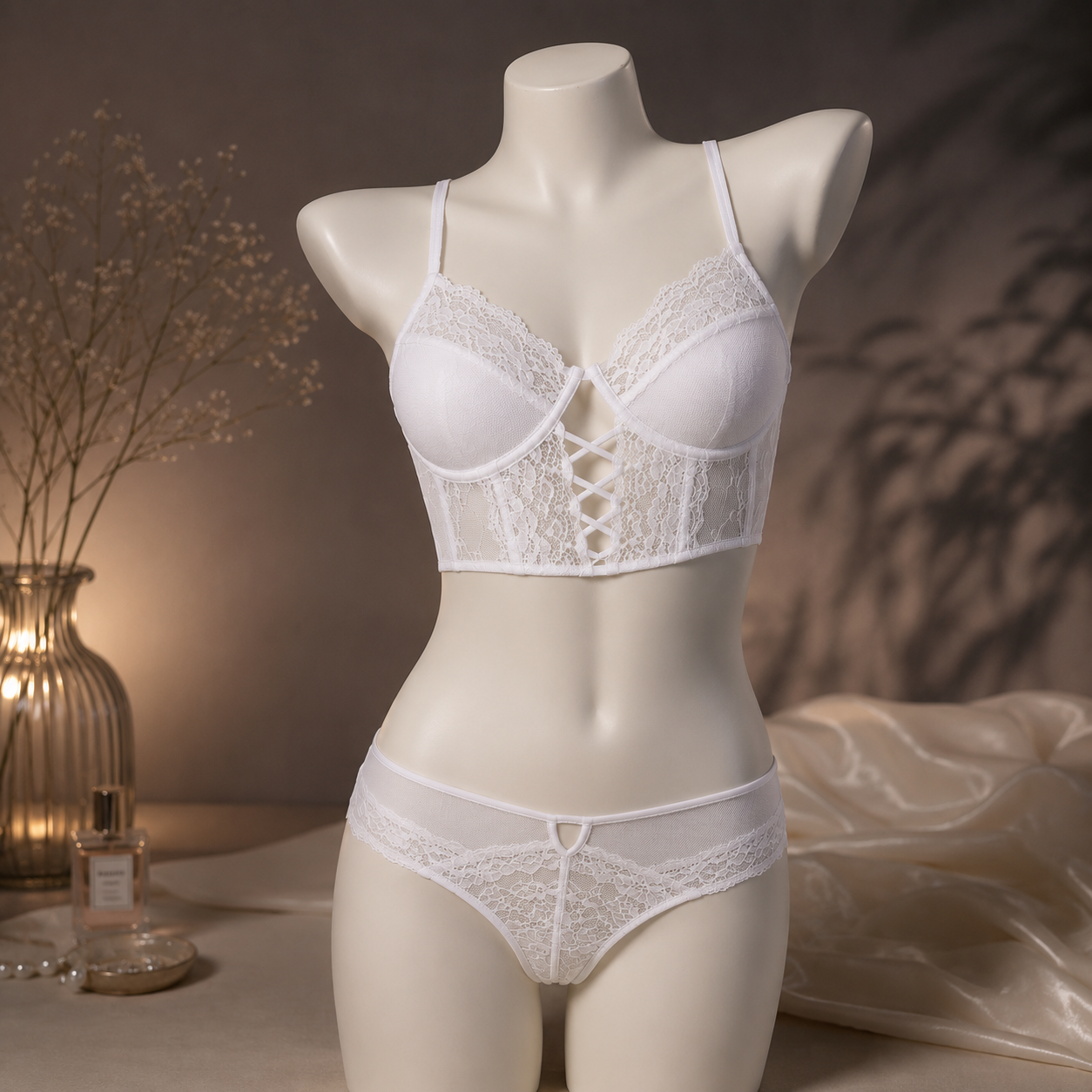 White Lace Lingerie Set for Women | Soft Padded Longline Bra & Matching Panty -350