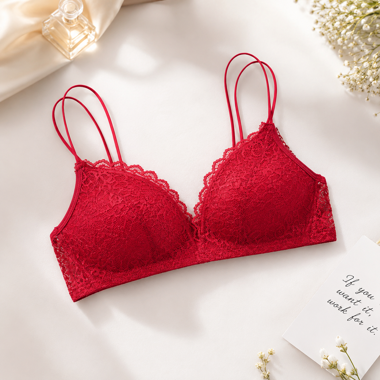 Flourish Floral Lace Lightly Padded Bralette – Double Strap Wireless Comfort Bra