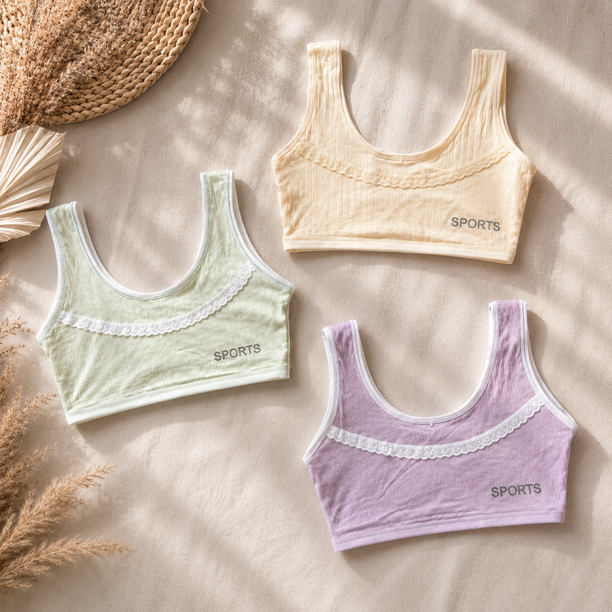 Girls' Non-Padded Ribbed Sports Bra – Soft Stretch Training Bra | Pack of 3 | Random Pastel Colors -K660