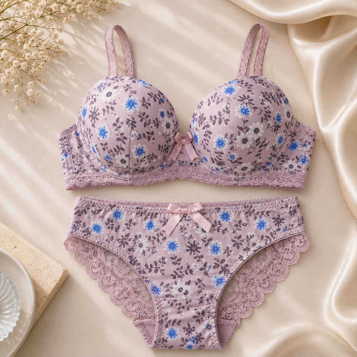 Women’s Pink Floral Padded Bra & Brief Set | Lace Trim Lingerie Set