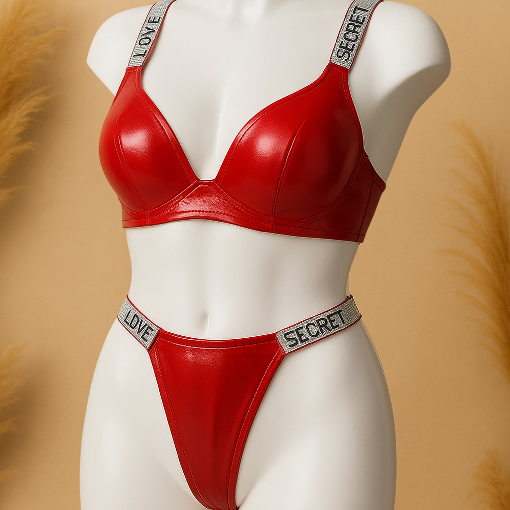 Flourish Black Faux Leather Padded Rimestone Straps Bra & Panty Set – Love Secret Edition 1976