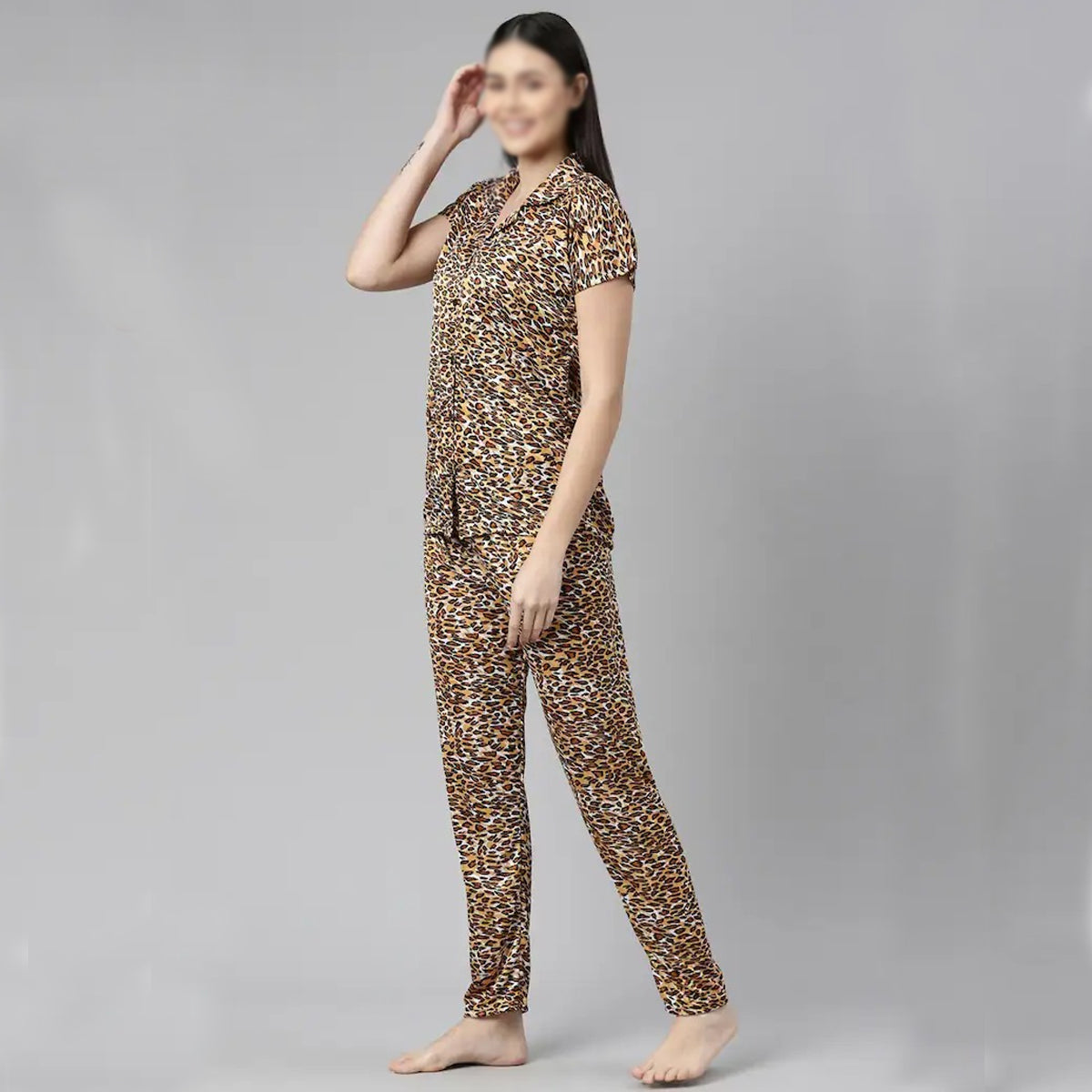 New Satin Cheetah Print Shirts And Pajamas Sets Half Sleeve Sets Sexy Nighty Two Pieces Set 9921