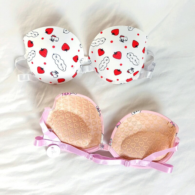 Flourish High Quality Front Open 4 In 1 Push-up Hello Kitty Print Adjustable Straps Bra Panty Set 016