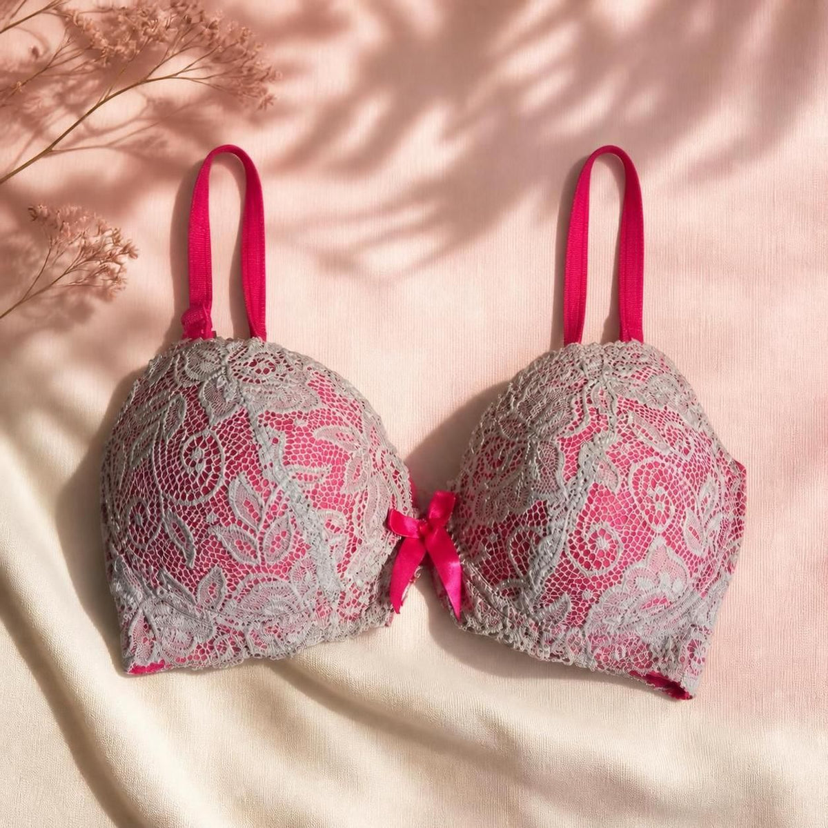 Elegant Pink & Grey Lace Bra with Floral Paisley Design -32