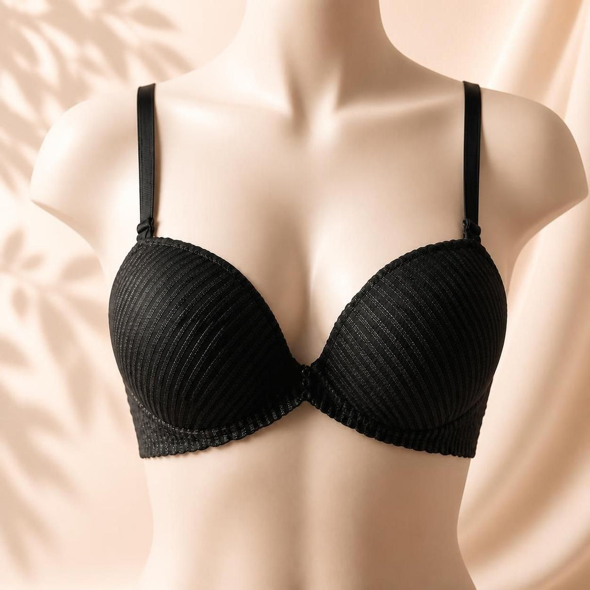 Elegant Black Ribbed Padded Bra with Adjustable Straps