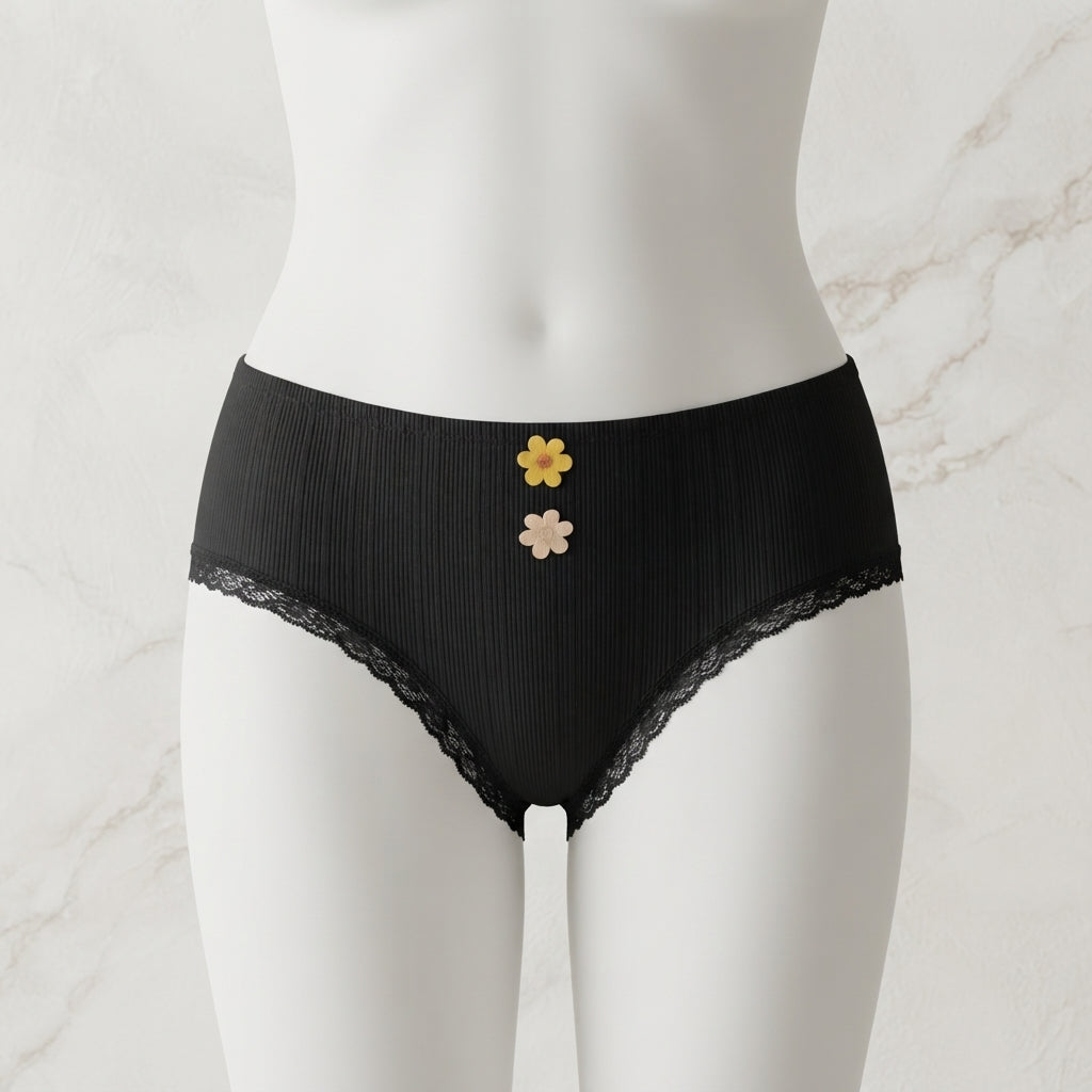 Pack of 3 Aesthetic Ribbed Cotton Panties with Floral Accents -6008