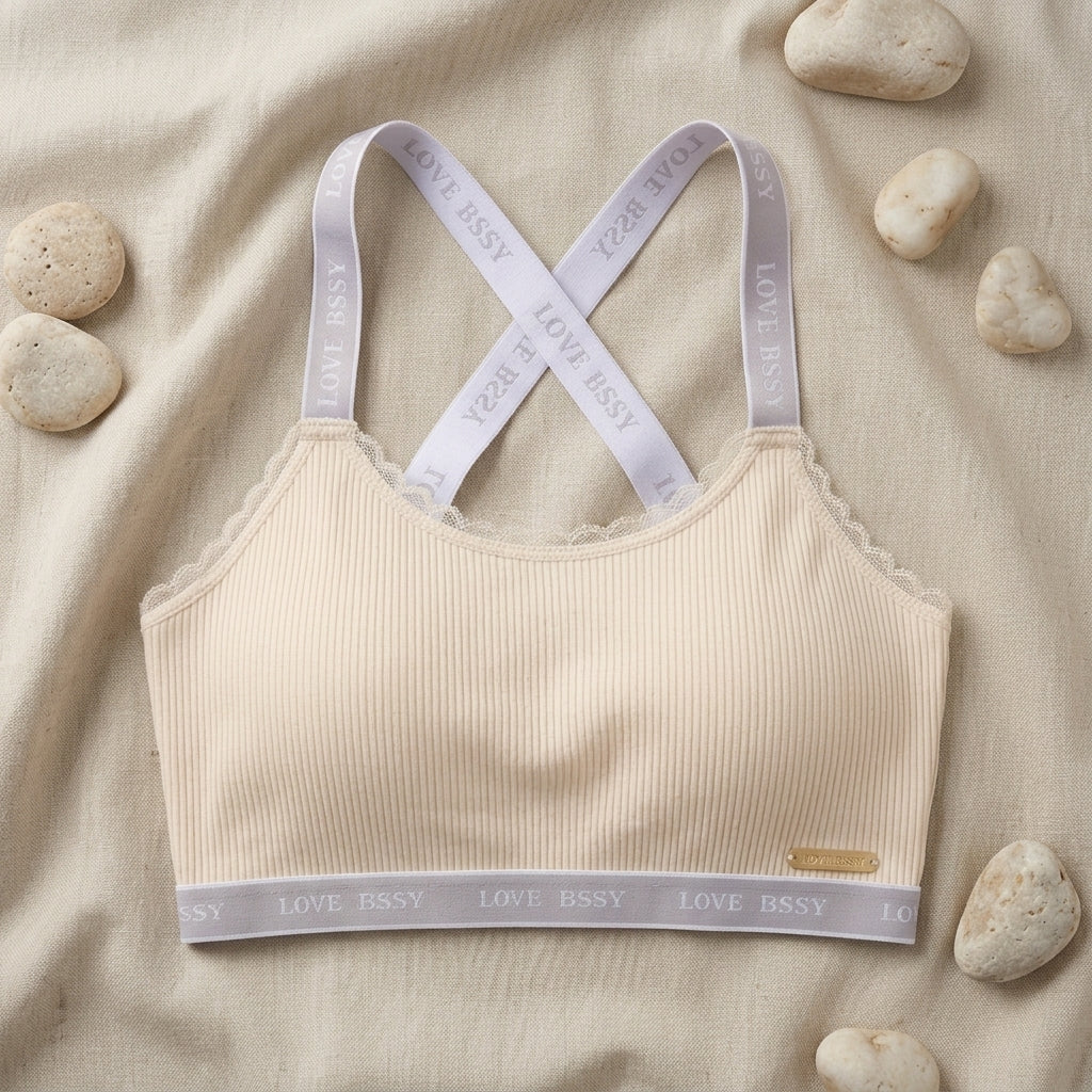 Premium Ribbed Lace-Trim Bralette with Logo Band