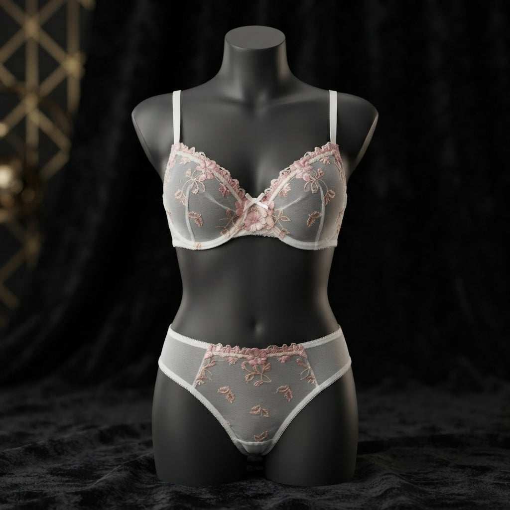 Elegant Non-Padded Floral Embroidered Mesh Bra & Panty Set -9980