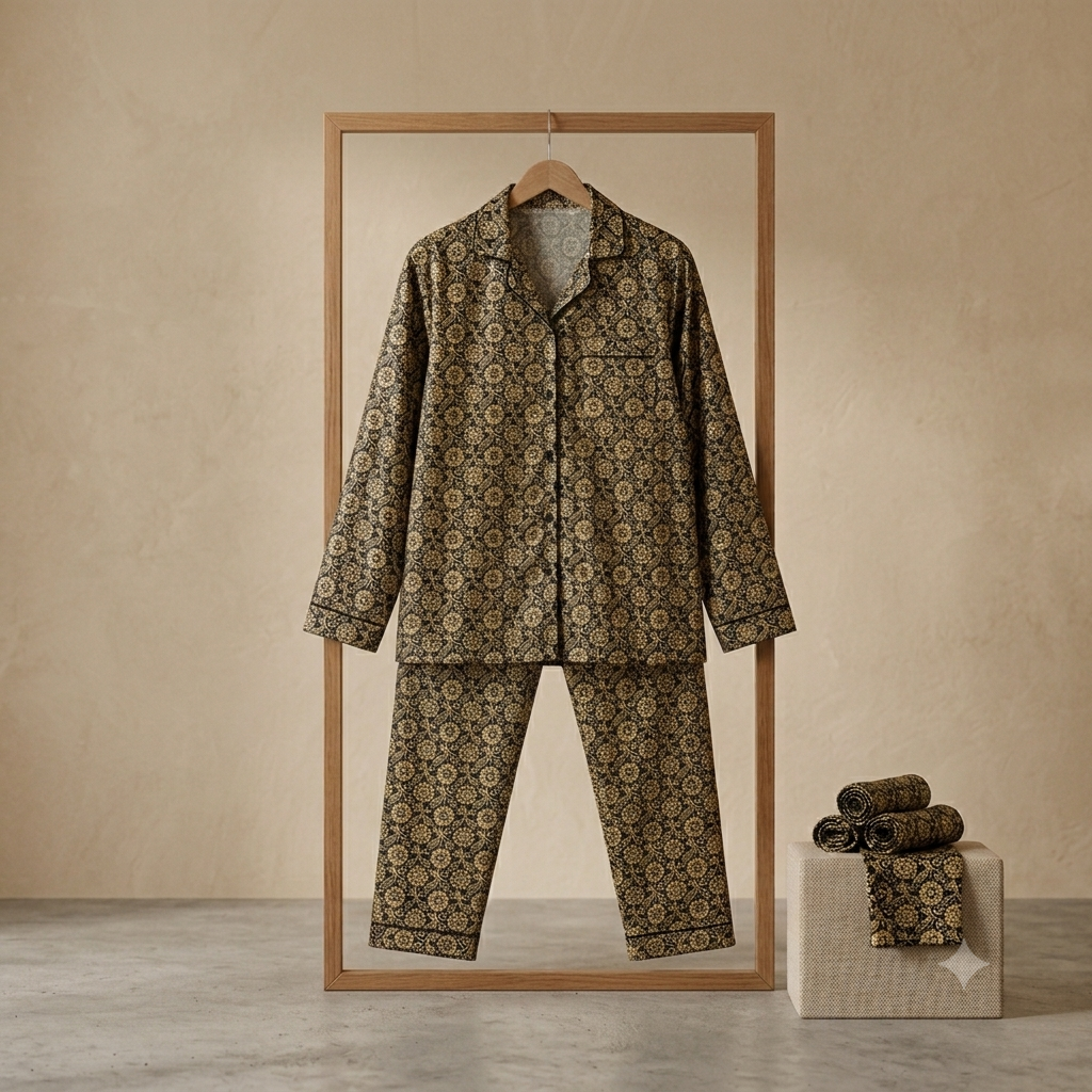 Vintage Floral Printed Cotton Pajama Set – Black & Gold