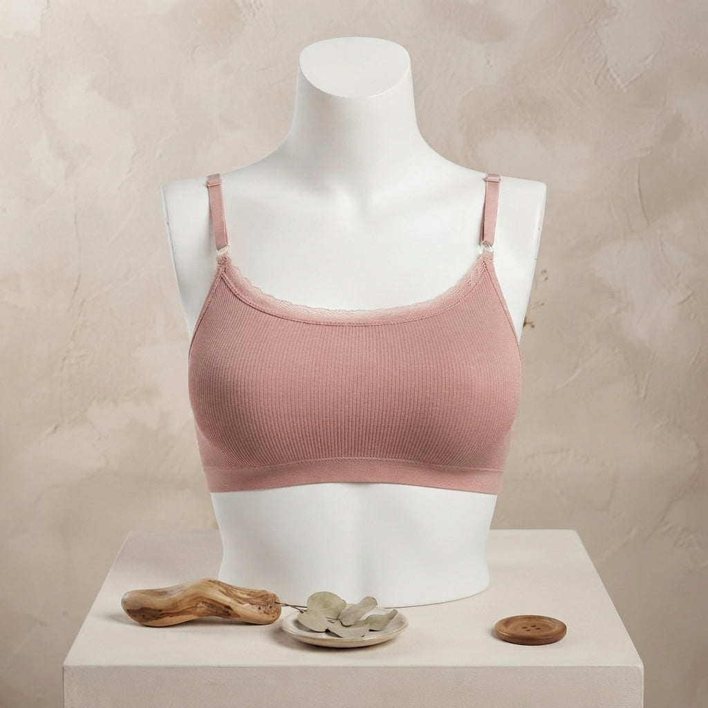Light Grey & Pink Ribbed Seamless Bralette with Lace Trim