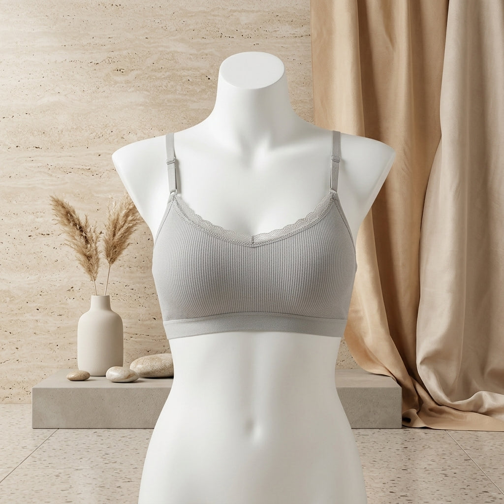 Light Grey Ribbed Seamless Bralette with Lace Trim