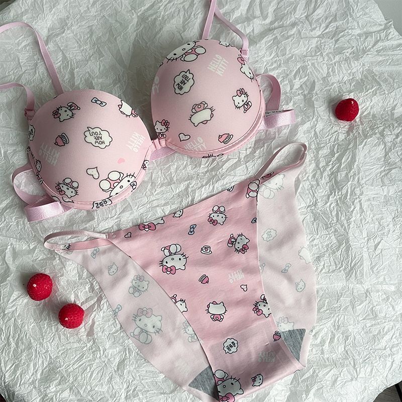 Flourish High Quality Front Open 4 In 1 Push-up Hello Kitty Print Adjustable Straps Bra Panty Set 016