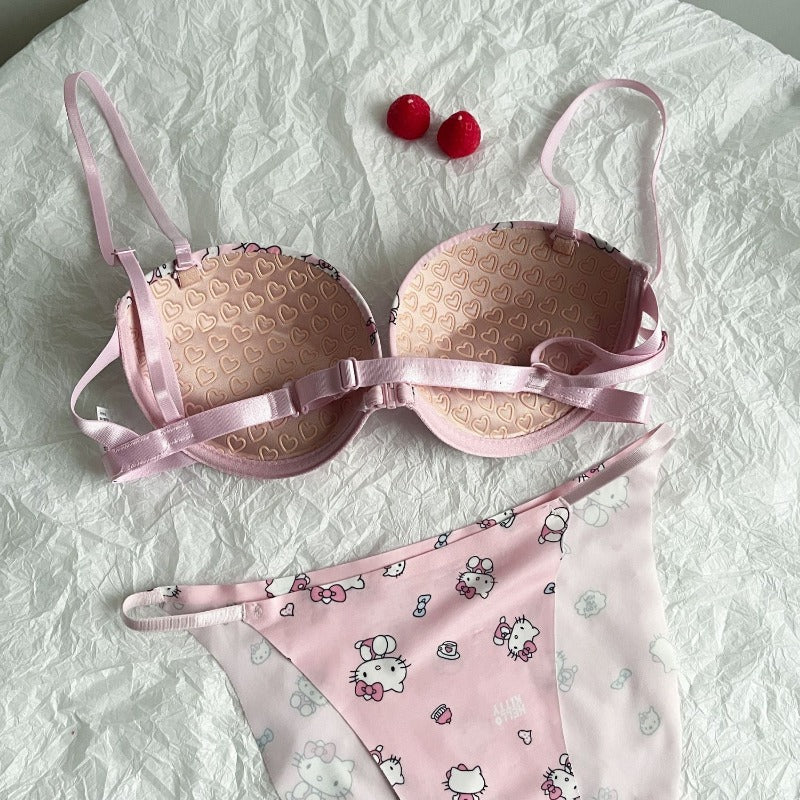 Flourish High Quality Front Open 4 In 1 Push-up Hello Kitty Print Adjustable Straps Bra Panty Set 016