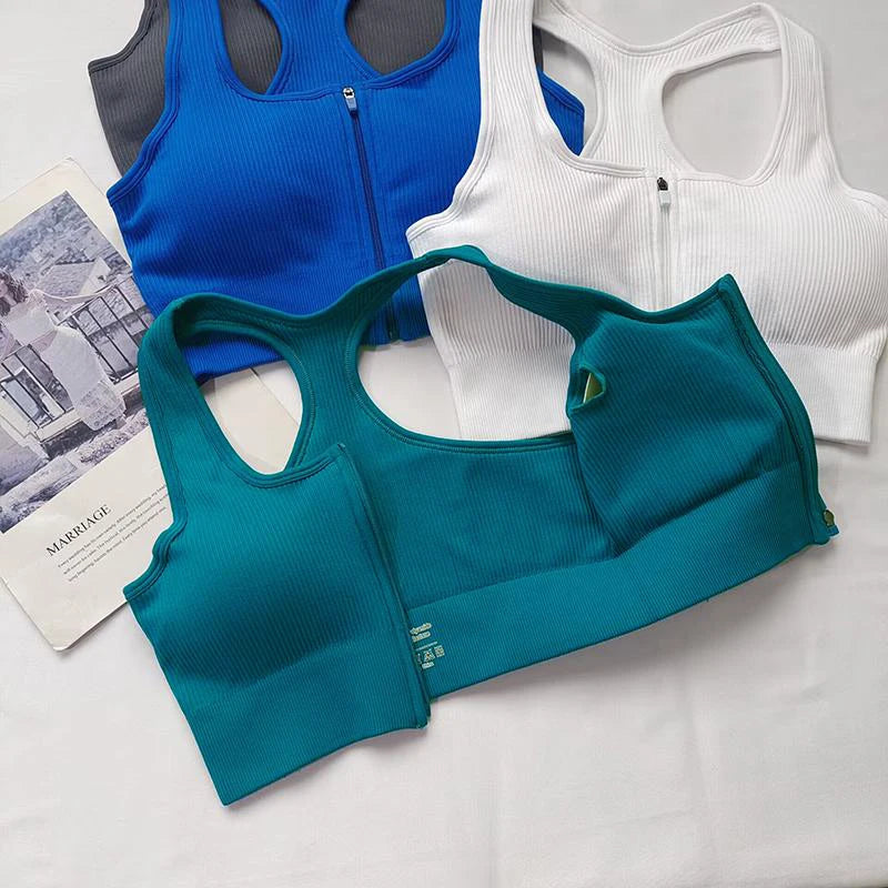 Pack of 3 Ribbed Padded Front Zip Sports Bras – Breathable Activewear 299