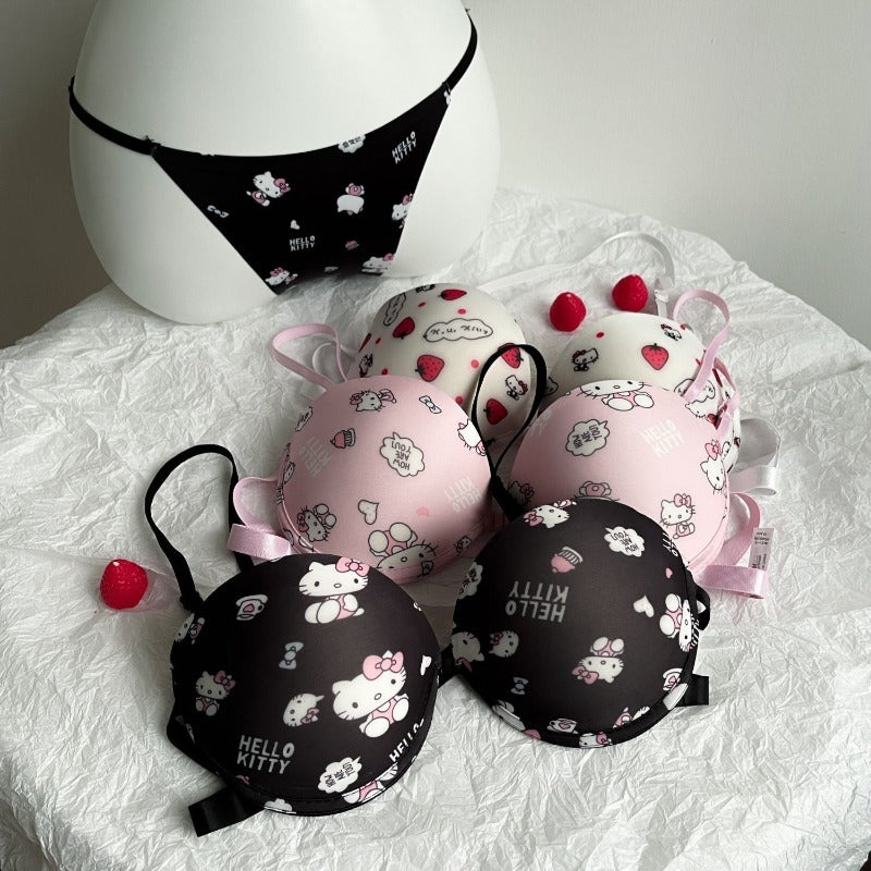 Flourish High Quality Front Open 4 In 1 Push-up Hello Kitty Print Adjustable Straps Bra Panty Set 016