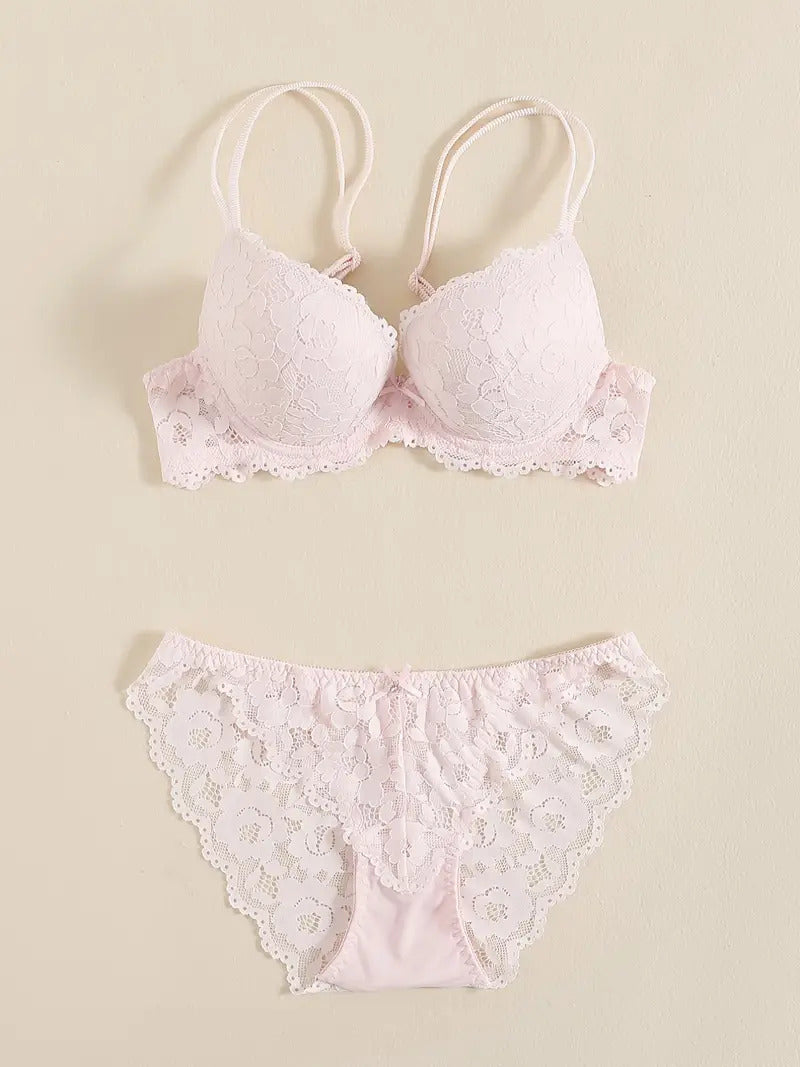 Flourish Cute Lace Embroidered Back Closure Double Push Up Bridal Bra & Panty Set 8855