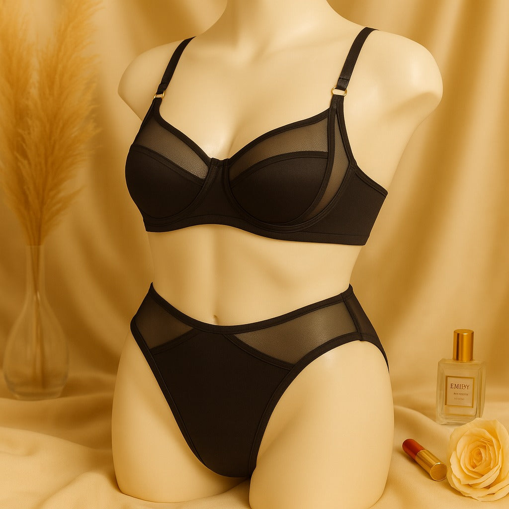 Flourish High Quality Thin Cup Soft Underwired Light Padded Metal Ring Straps Bra Panty Set 055