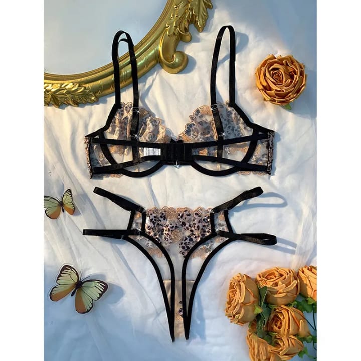 Flourish Golden Bloom Lace Lingerie Set – Luxe Leopard Embroidery with Strappy Elegance
