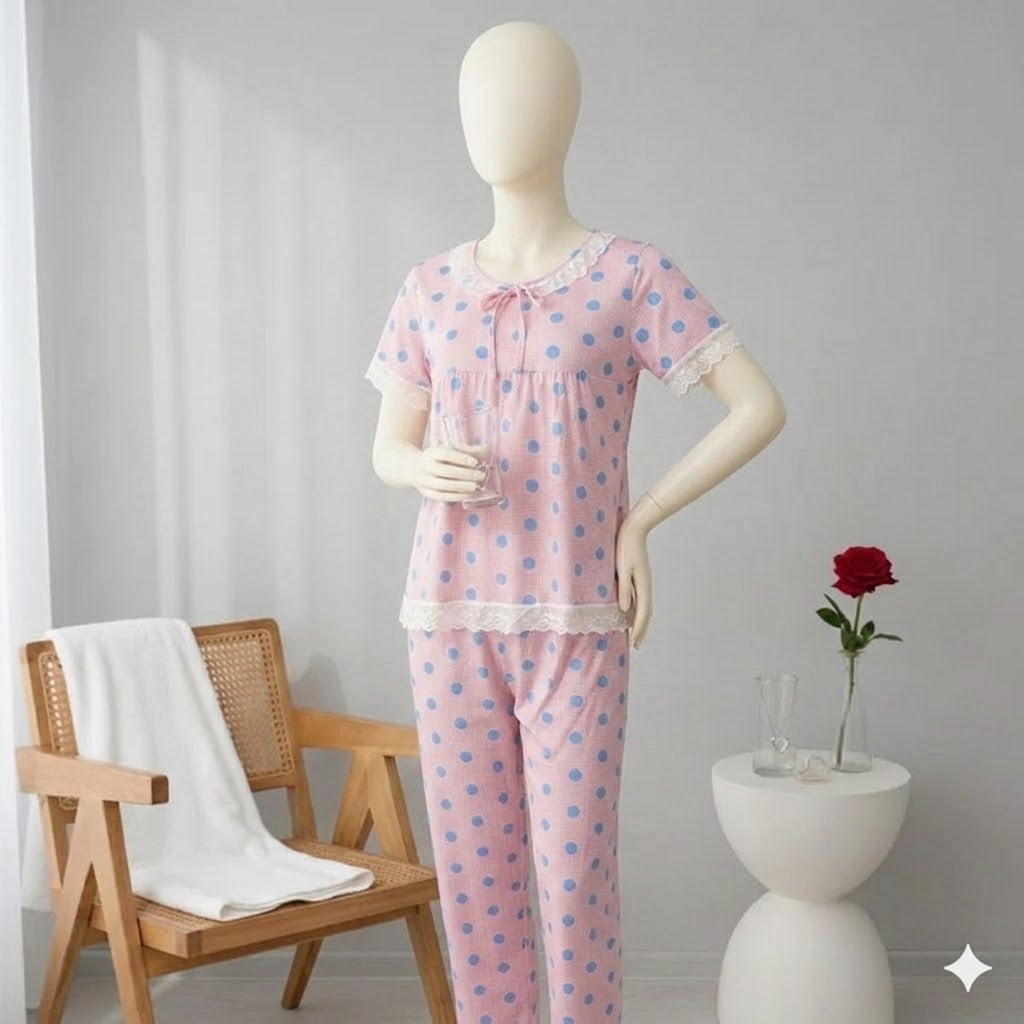 Flourish Pastel Pink & Blue Polka Dot 2-Piece Nightwear Set -720