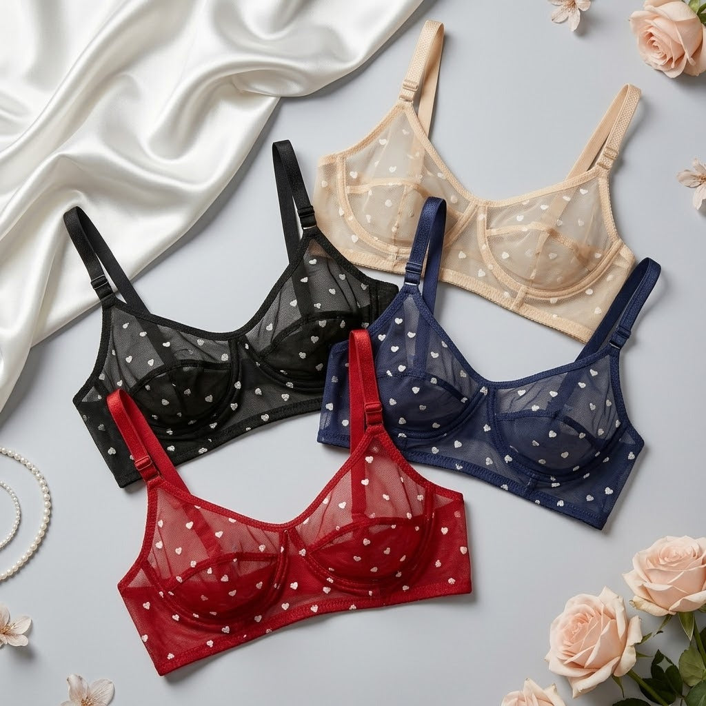 Women's Non-Padded Sheer Mesh Heart Print Bra β Soft Transparent Everyday Comfort Bra 8989