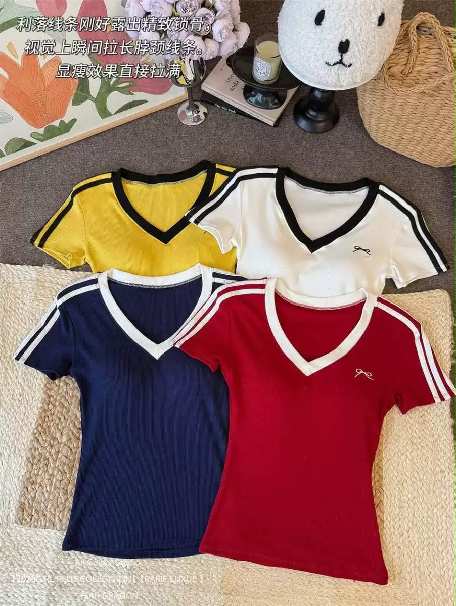 Women’s V-Neck Padded Ribbed Top T-shirt -Bow 5219