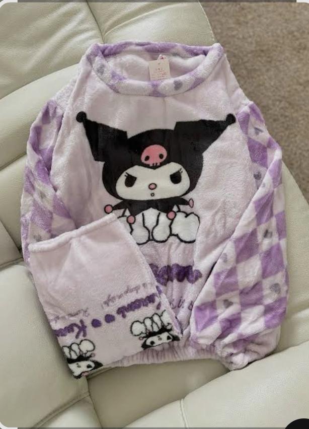 Cute Purple Kuromi Anime Plush Velvet Pajama Set – Warm & Cozy Winter Sleepwear