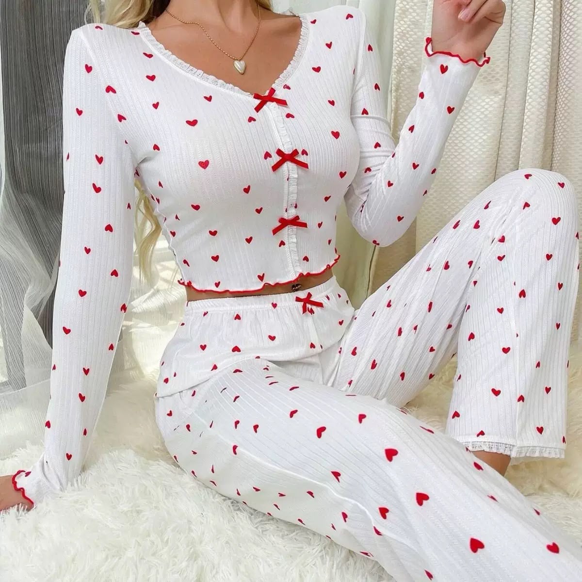 Women’s Heart Print Long Sleeve Pajama Set – Ribbed Knit Crop Top & Pants Nightwear