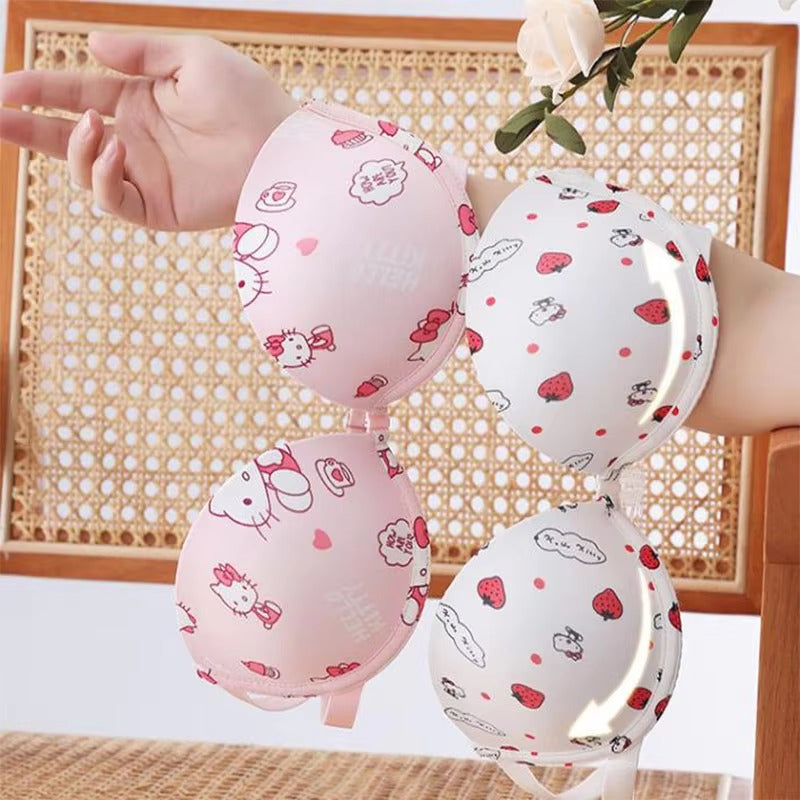 Flourish High Quality Front Open 4 In 1 Push-up Hello Kitty Print Adjustable Straps Bra Panty Set 016