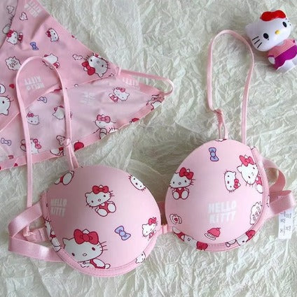 Flourish High Quality Front Open 4 In 1 Push-up Hello Kitty Print Adjustable Straps Bra Panty Set 016