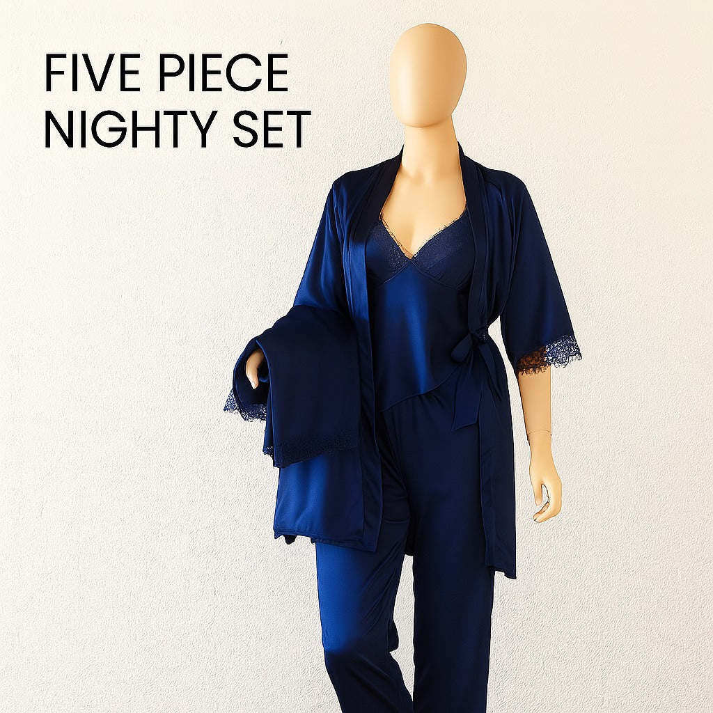 Flourish 5 pcs Non Padded Silk Satin Pajama Set Cami Top Nightgown Sexy Sleepwear Robe Sets Lace Nightdress