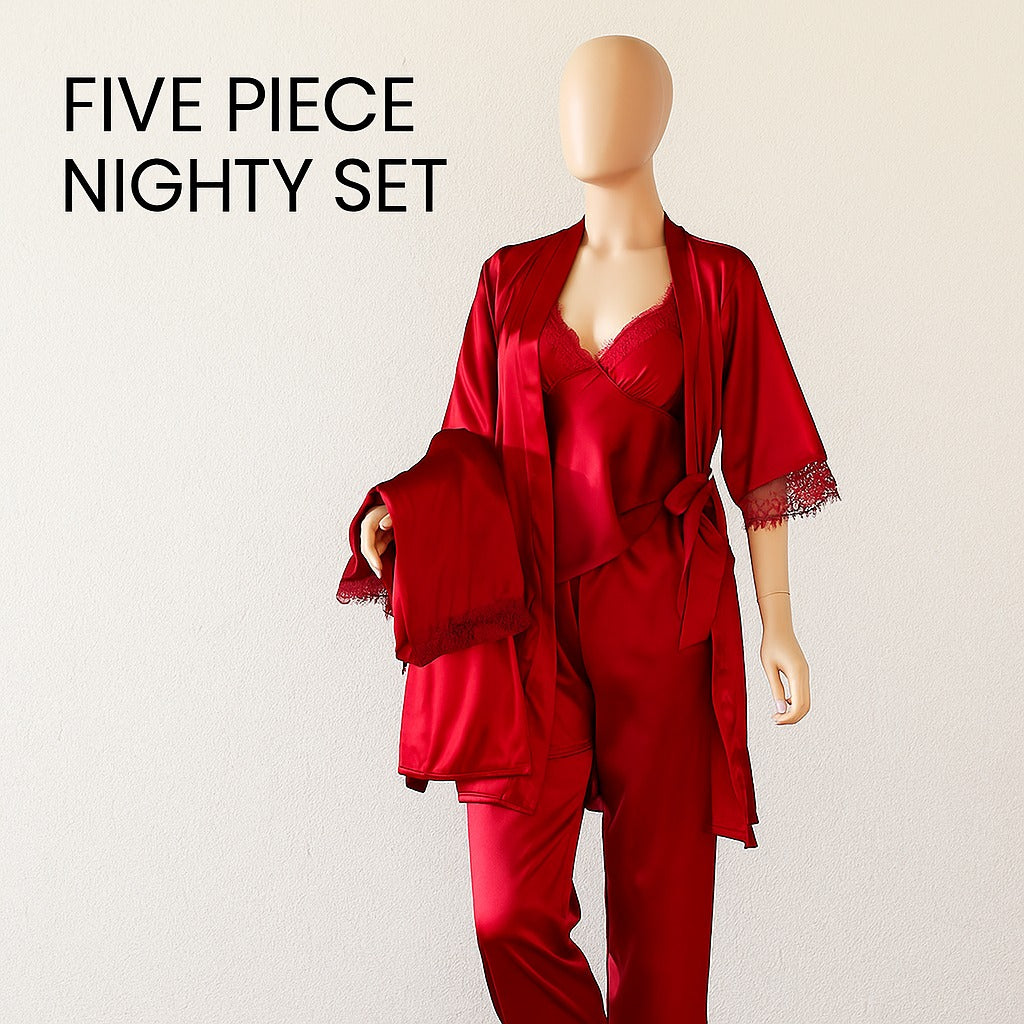 Flourish 5 pcs Non Padded Silk Satin Pajama Set Cami Top Nightgown Sexy Sleepwear Robe Sets Lace Nightdress