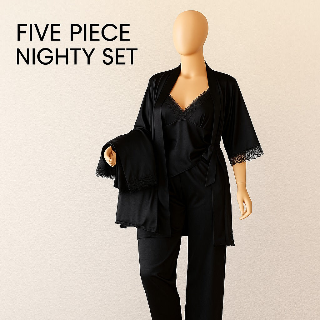 Flourish 5 pcs Non Padded Silk Satin Pajama Set Cami Top Nightgown Sexy Sleepwear Robe Sets Lace Nightdress