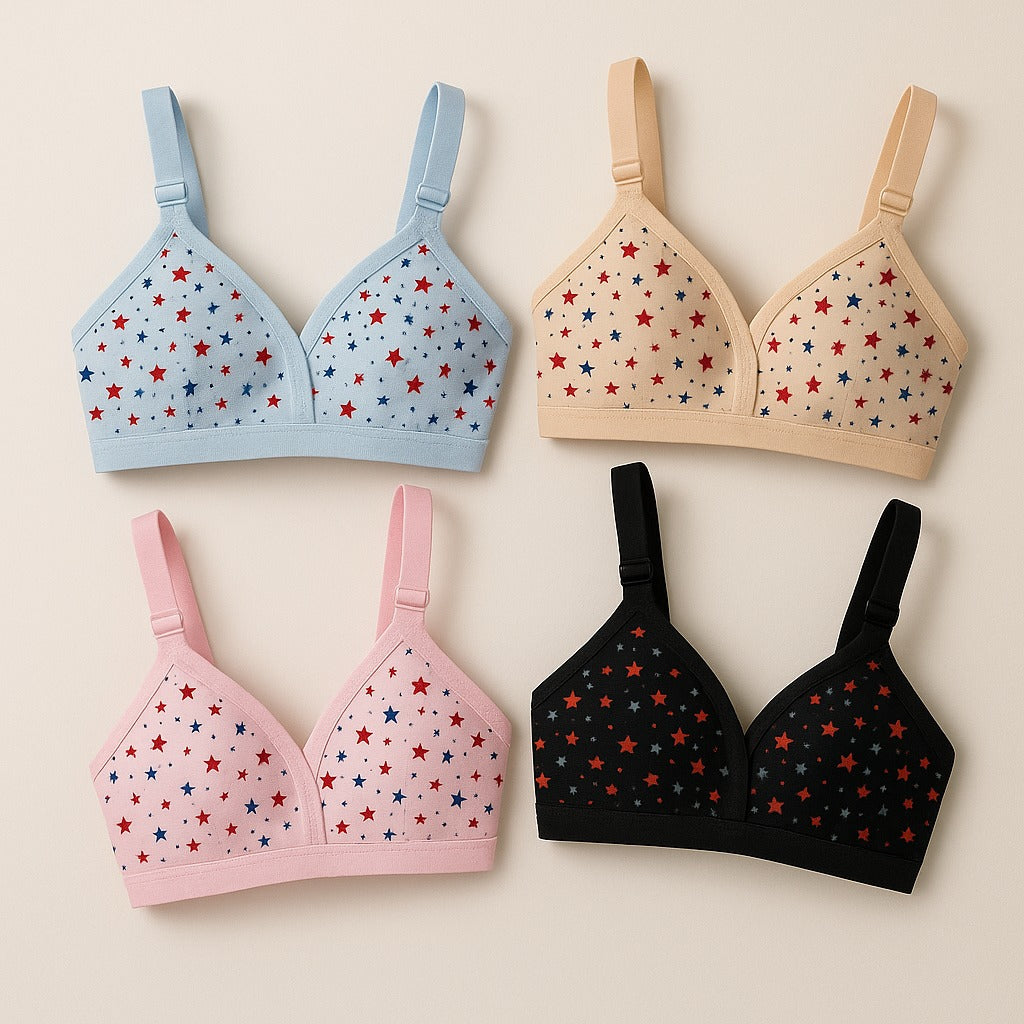 Pack Of 04 Soft Cotton Hosiery Fabric Imported Style Printed Bra