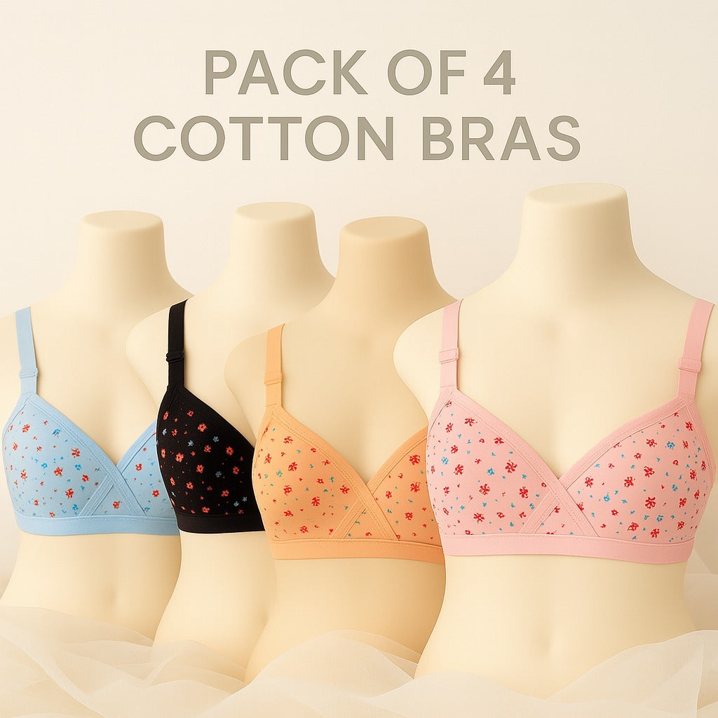 Pack Of 04 Soft Cotton Hosiery Fabric Imported Style Printed Bra