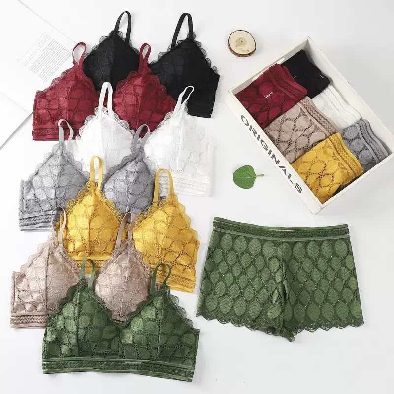 Women's Floral Lace Bralette & Boyshort Lingerie Set – Wireless Soft Comfort A836