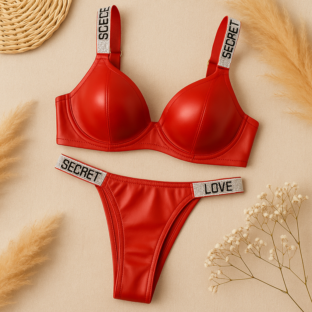Flourish Black Faux Leather Padded Rimestone Straps Bra & Panty Set – Love Secret Edition 1976